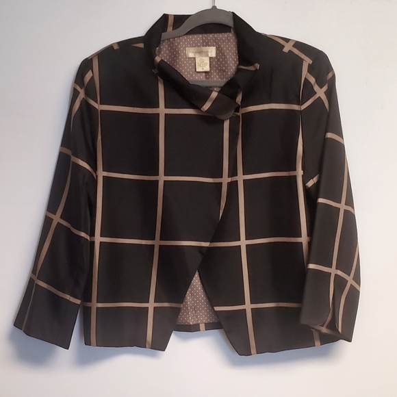 Vintage 100% Silk Black and Gold Big Check Cropped Blazer Jacket Size 14 - Picture 2 of 7